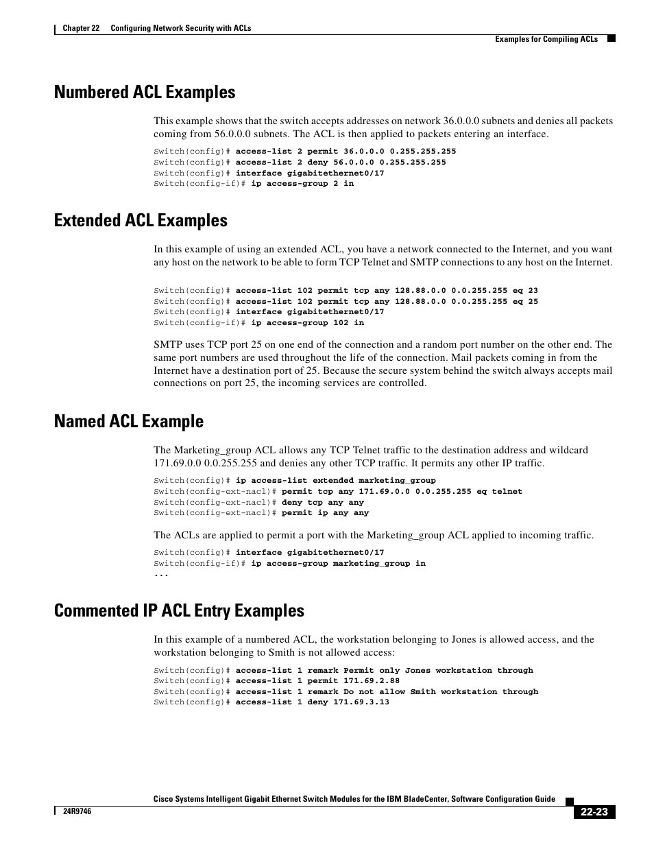 Numbered acl examples, Extended acl examples, Named acl example | Commented ip acl entry examples | IBM 12.1(22)EA6 User Manual | Page 407 / 550