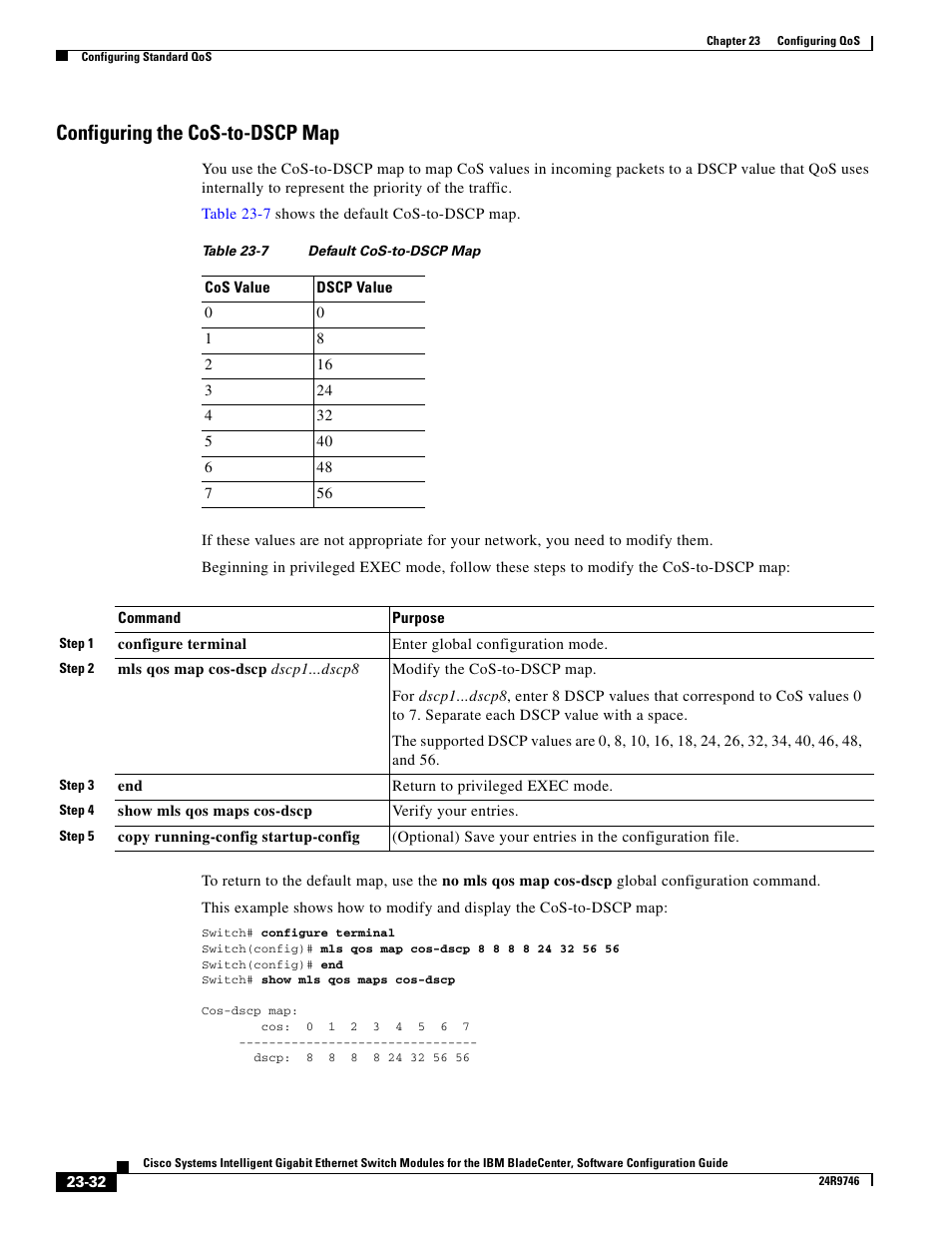 Configuring the cos-to-dscp map, Table 23-7 | IBM 12.1(22)EA6 User Manual | Page 440 / 550