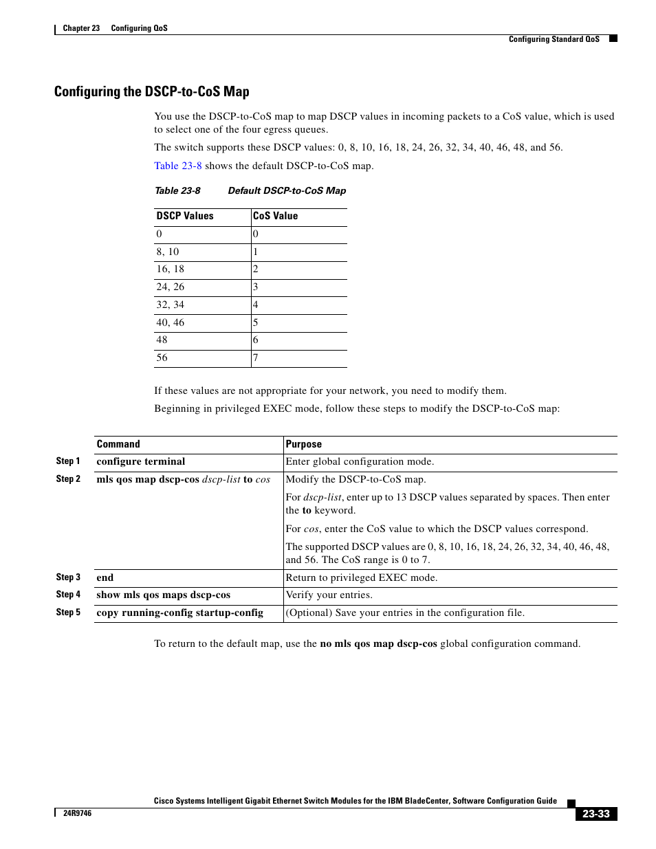 Configuring the dscp-to-cos map, Table 23-8 | IBM 12.1(22)EA6 User Manual | Page 441 / 550