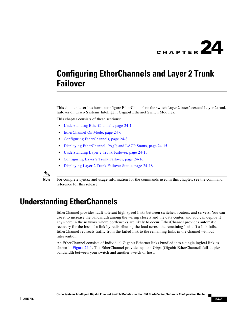 Understanding etherchannels, C h a p t e r, Chapter 24, “configuring | Etherchannels and layer 2 trunk failover, Failover | IBM 12.1(22)EA6 User Manual | Page 449 / 550