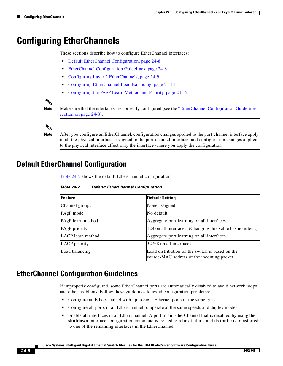 Configuring etherchannels, Default etherchannel configuration, Etherchannel configuration guidelines | IBM 12.1(22)EA6 User Manual | Page 456 / 550