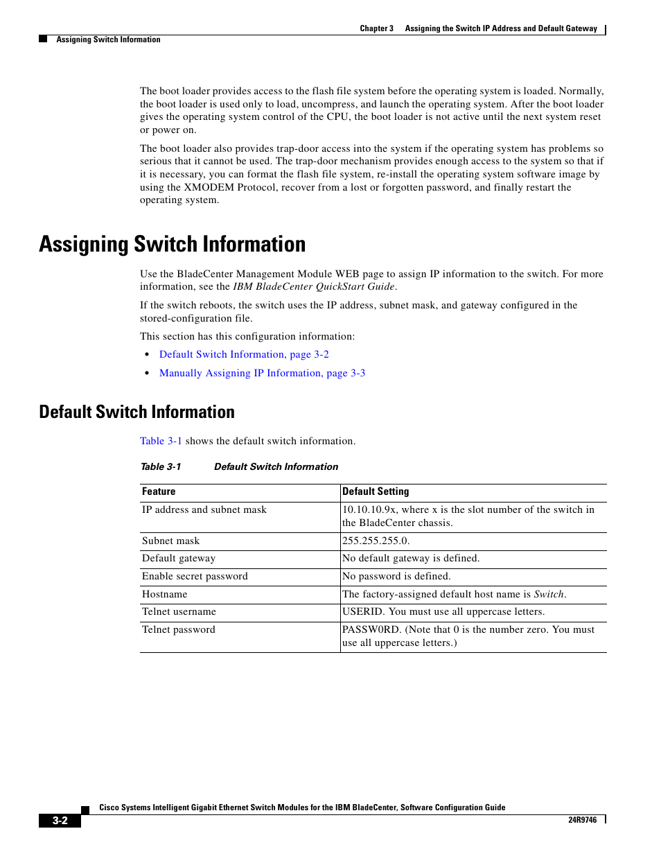Assigning switch information, Default switch information | IBM 12.1(22)EA6 User Manual | Page 46 / 550