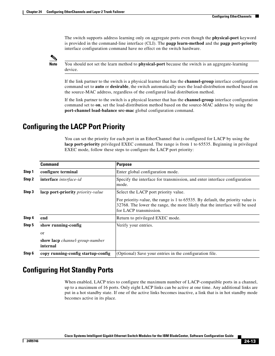 Configuring the lacp port priority, Configuring hot standby ports | IBM 12.1(22)EA6 User Manual | Page 461 / 550