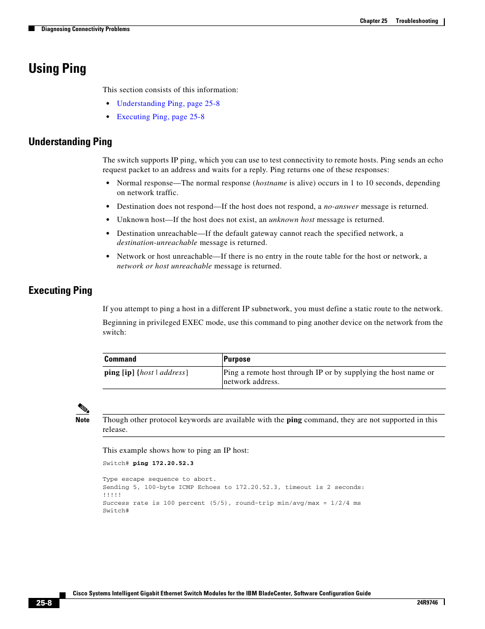 Using ping, Understanding ping, Executing ping | IBM 12.1(22)EA6 User Manual | Page 474 / 550