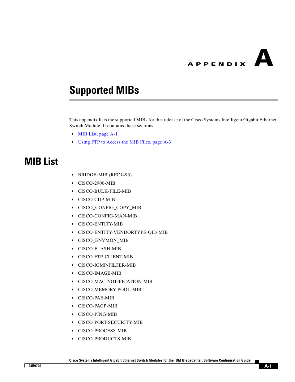 Supported mibs, Mib list, A p p e n d i x | Appendix a, “supported mibs | IBM 12.1(22)EA6 User Manual | Page 481 / 550