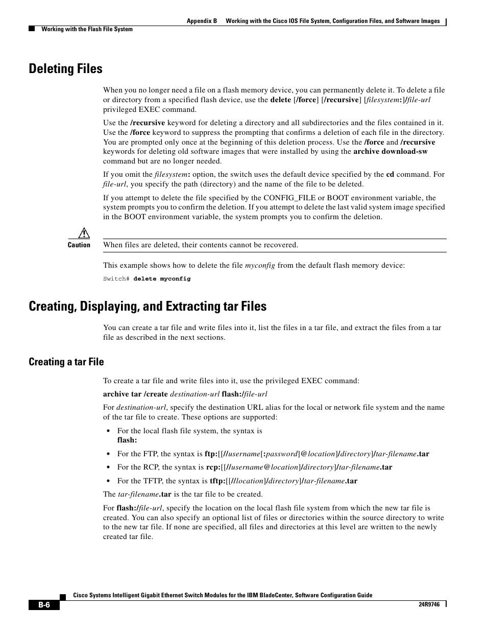 Deleting files, Creating, displaying, and extracting tar files, Creating a tar file | IBM 12.1(22)EA6 User Manual | Page 490 / 550