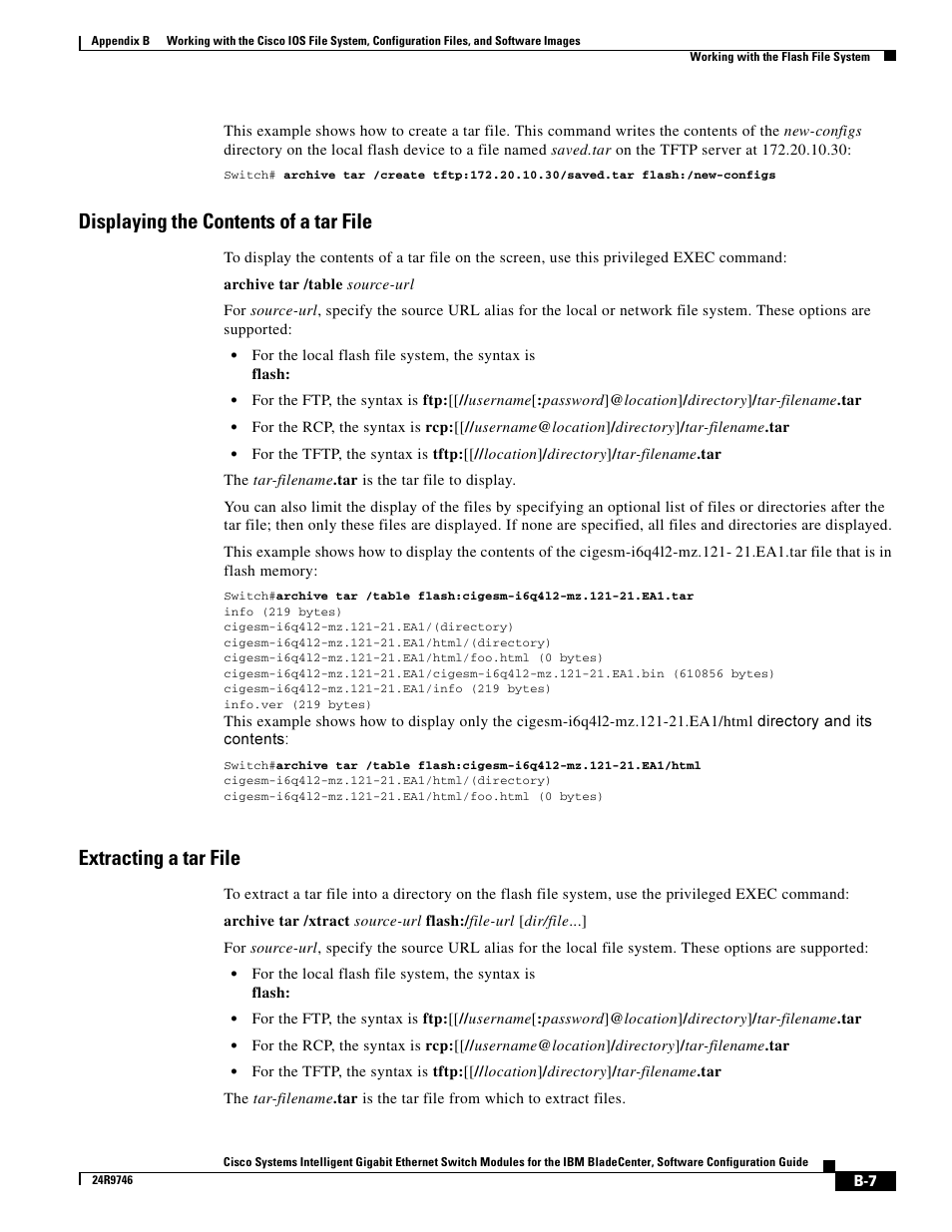 Displaying the contents of a tar file, Extracting a tar file | IBM 12.1(22)EA6 User Manual | Page 491 / 550