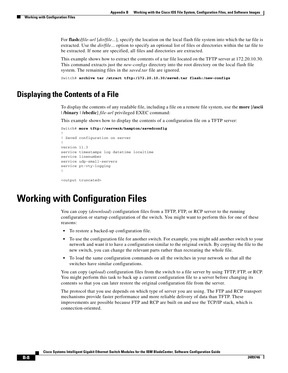 Displaying the contents of a file, Working with configuration files, Working with | IBM 12.1(22)EA6 User Manual | Page 492 / 550