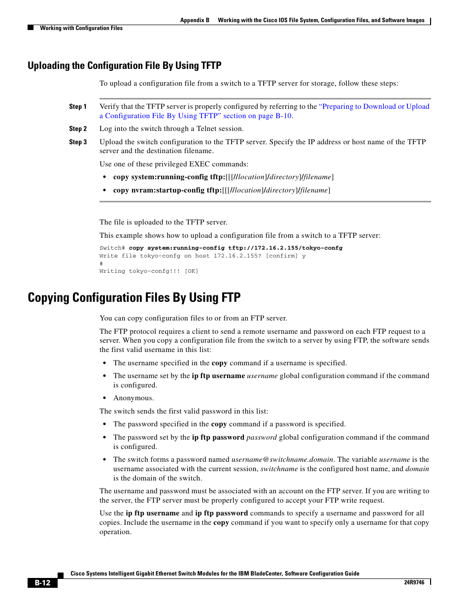 Uploading the configuration file by using tftp, Copying configuration files by using ftp | IBM 12.1(22)EA6 User Manual | Page 496 / 550