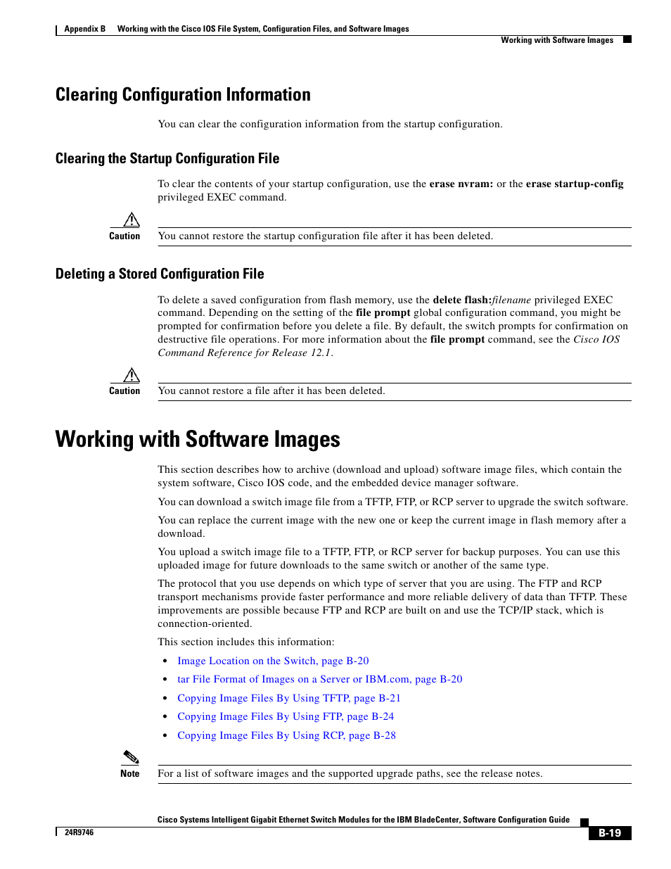 Clearing configuration information, Clearing the startup configuration file, Deleting a stored configuration file | Working with software images | IBM 12.1(22)EA6 User Manual | Page 503 / 550