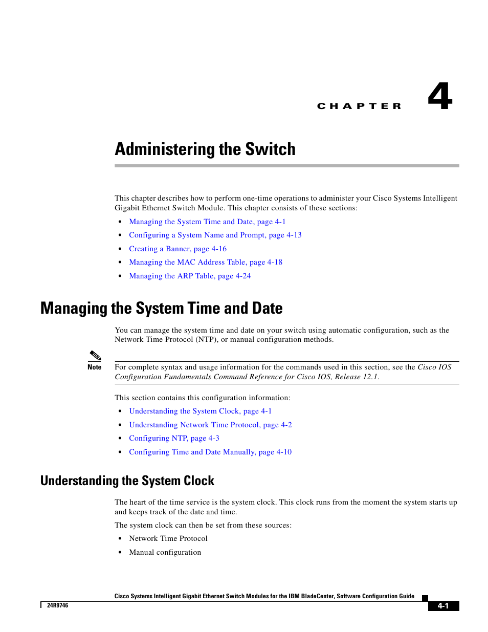 Administering the switch, Managing the system time and date, Understanding the system clock | C h a p t e r | IBM 12.1(22)EA6 User Manual | Page 57 / 550