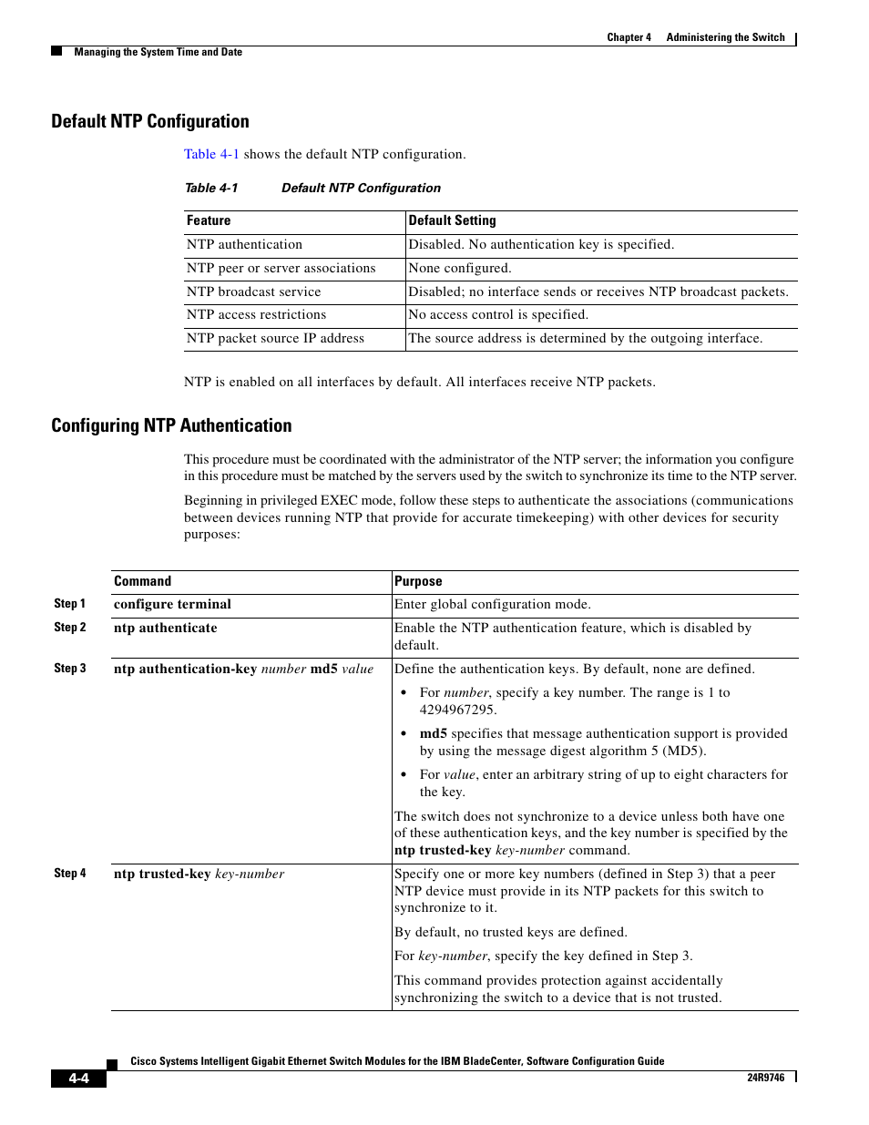 Default ntp configuration, Configuring ntp authentication | IBM 12.1(22)EA6 User Manual | Page 60 / 550