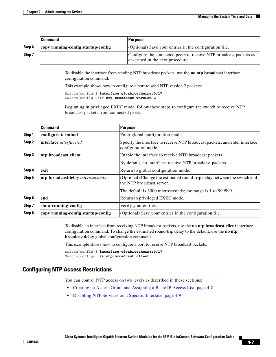 Configuring ntp access restrictions | IBM 12.1(22)EA6 User Manual | Page 63 / 550