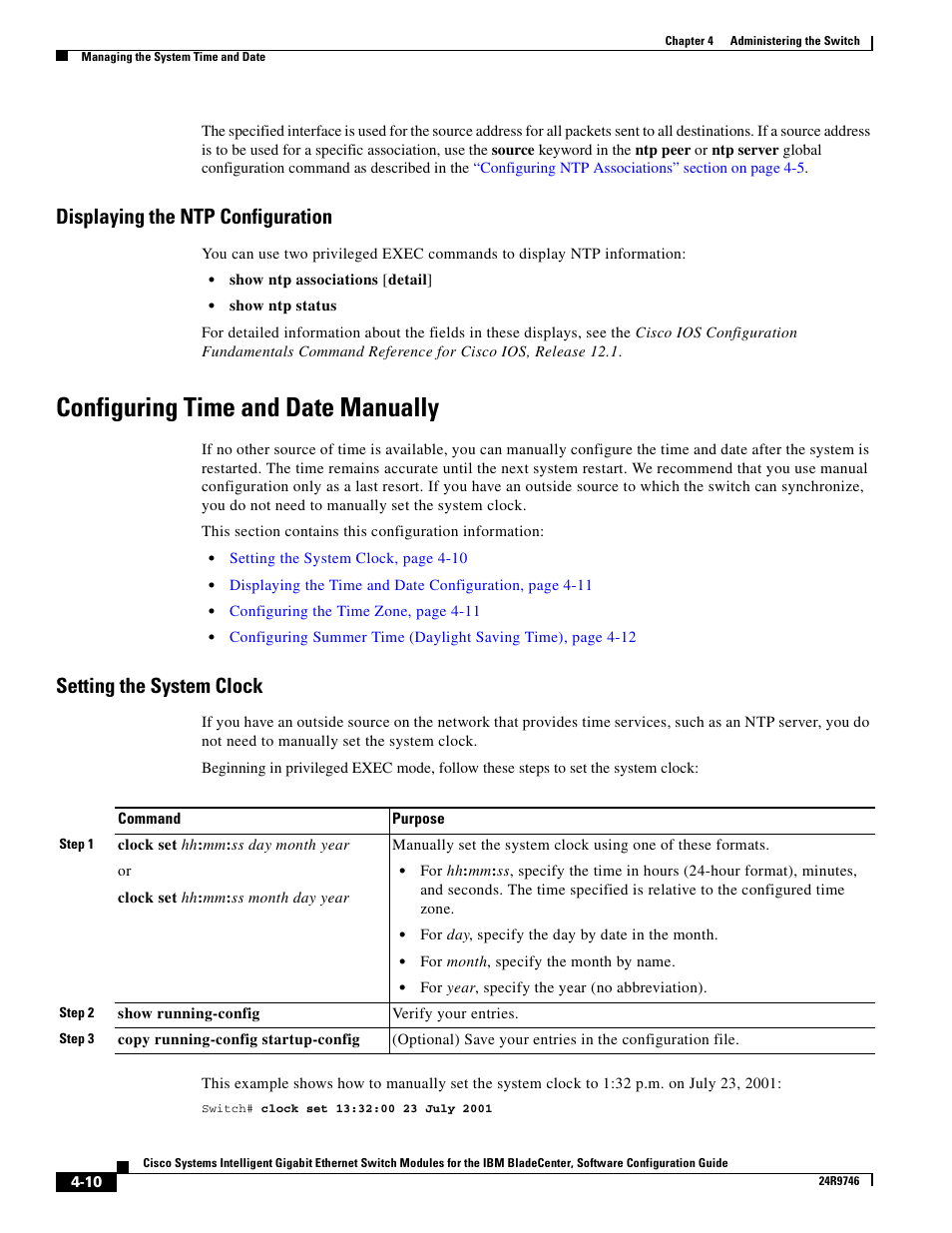 Displaying the ntp configuration, Configuring time and date manually, Setting the system clock | IBM 12.1(22)EA6 User Manual | Page 66 / 550