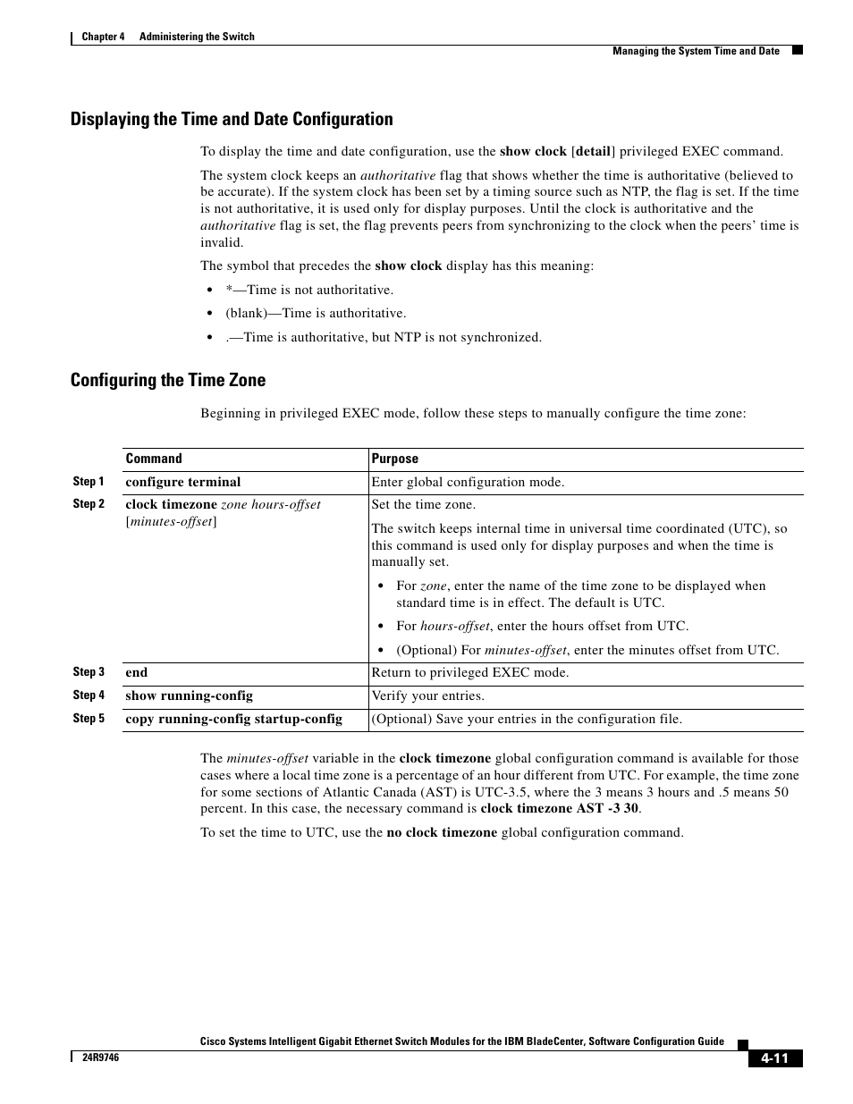 Displaying the time and date configuration, Configuring the time zone | IBM 12.1(22)EA6 User Manual | Page 67 / 550
