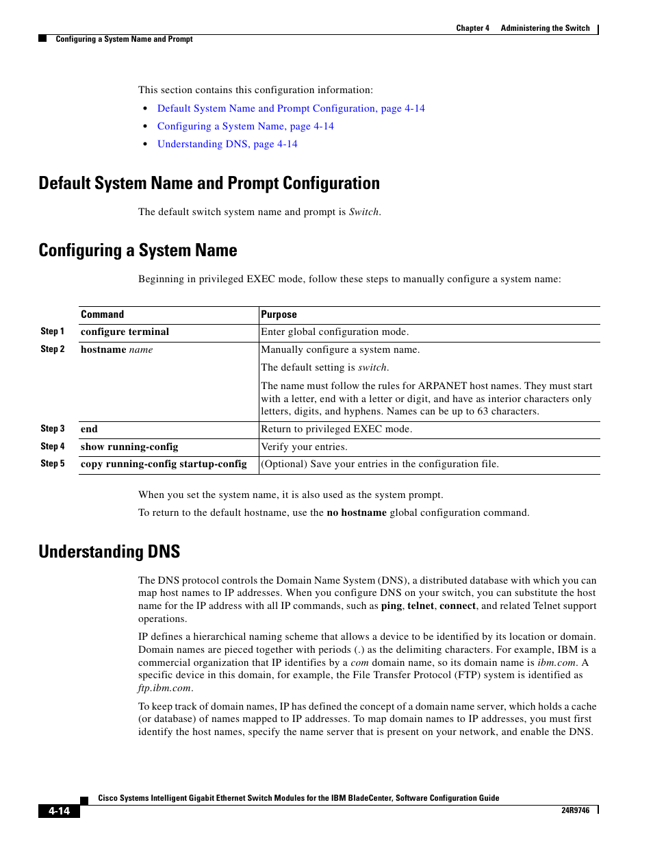 Default system name and prompt configuration, Configuring a system name, Understanding dns | IBM 12.1(22)EA6 User Manual | Page 70 / 550