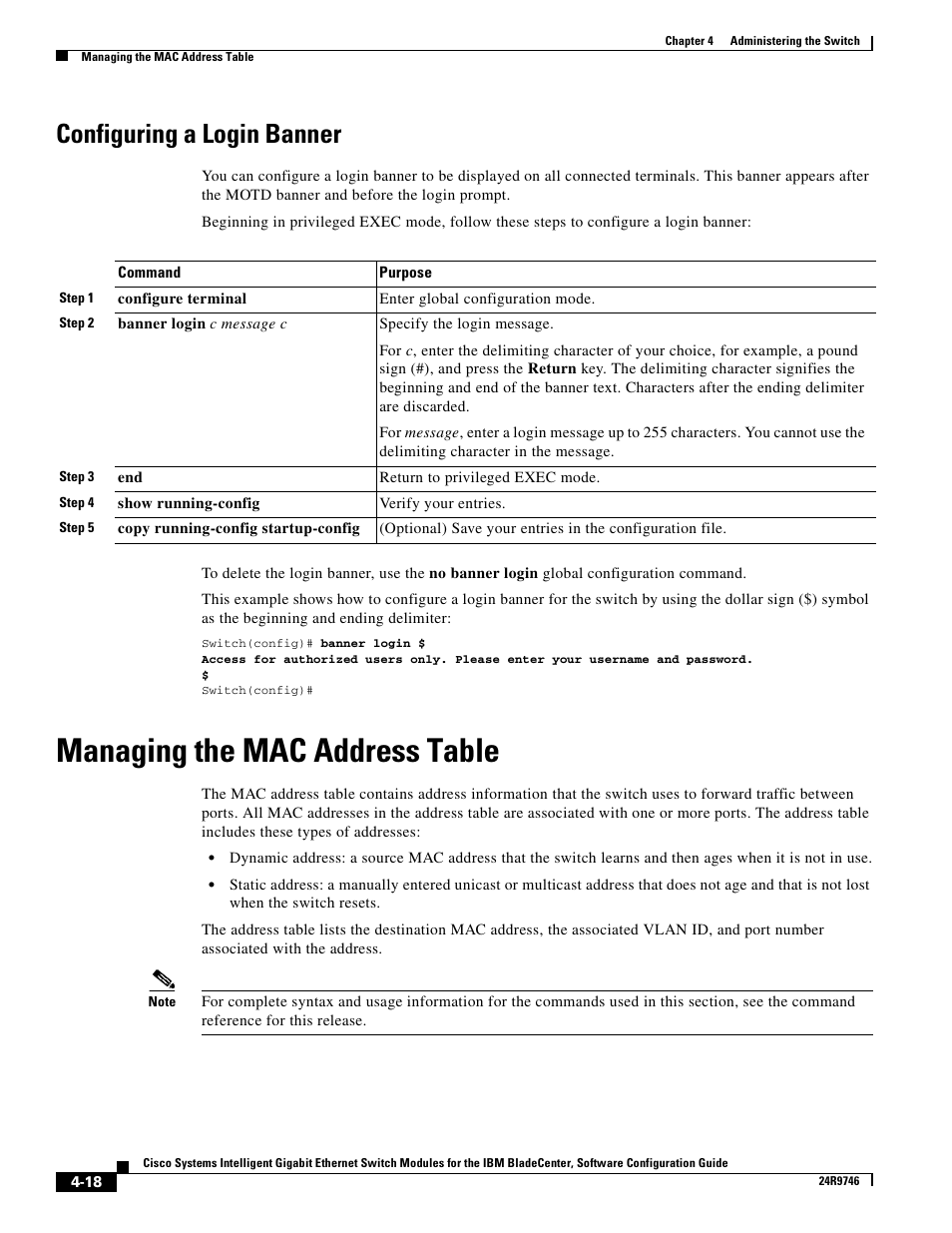 Configuring a login banner, Managing the mac address table | IBM 12.1(22)EA6 User Manual | Page 74 / 550