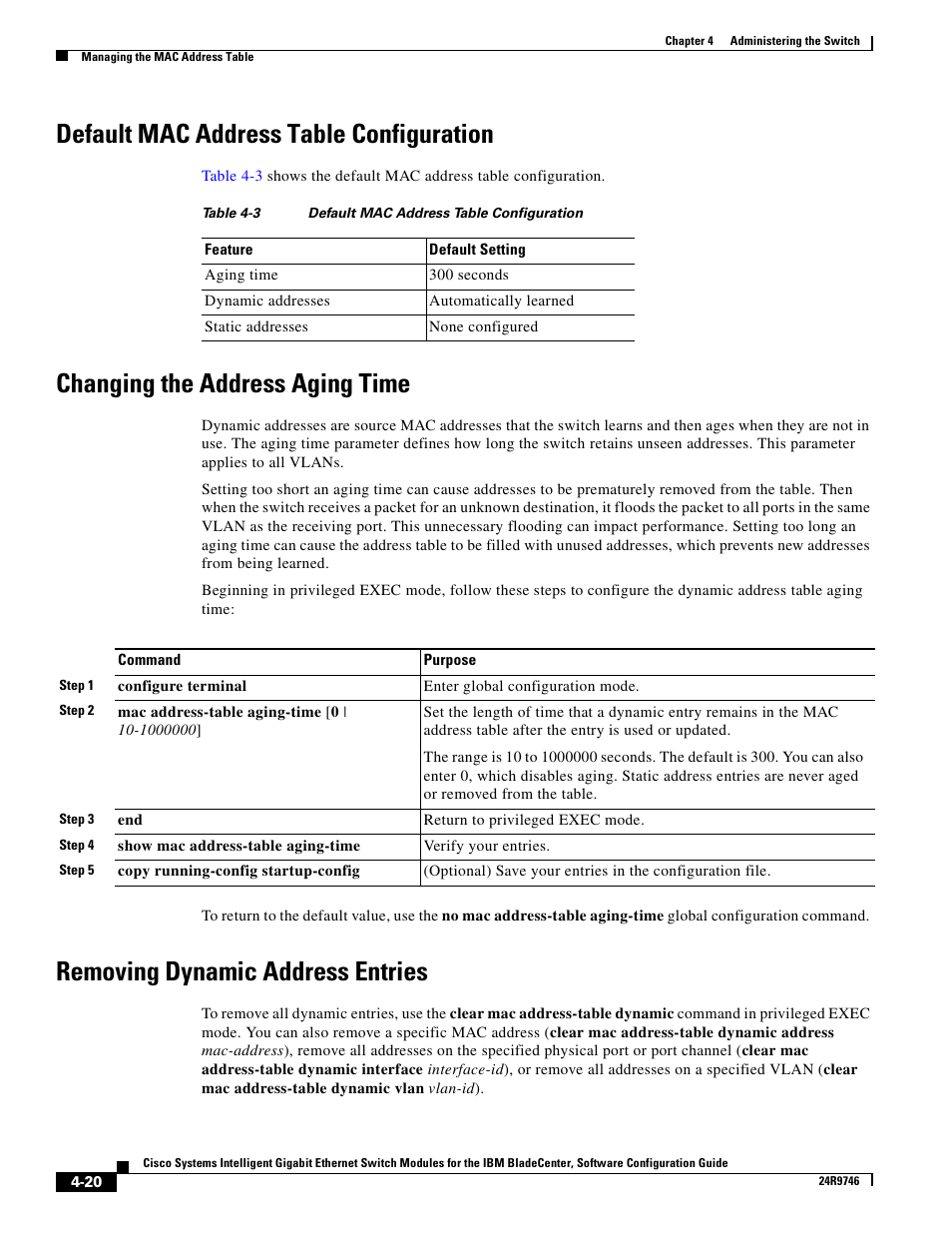 Default mac address table configuration, Changing the address aging time, Removing dynamic address entries | IBM 12.1(22)EA6 User Manual | Page 76 / 550