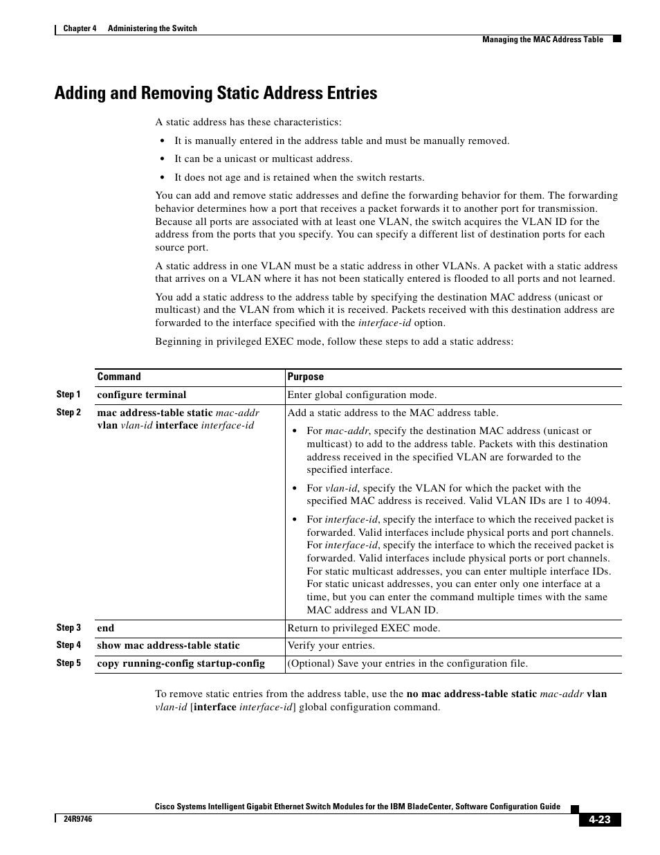 Adding and removing static address entries | IBM 12.1(22)EA6 User Manual | Page 79 / 550