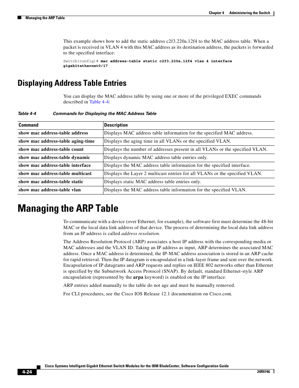 Displaying address table entries, Managing the arp table | IBM 12.1(22)EA6 User Manual | Page 80 / 550