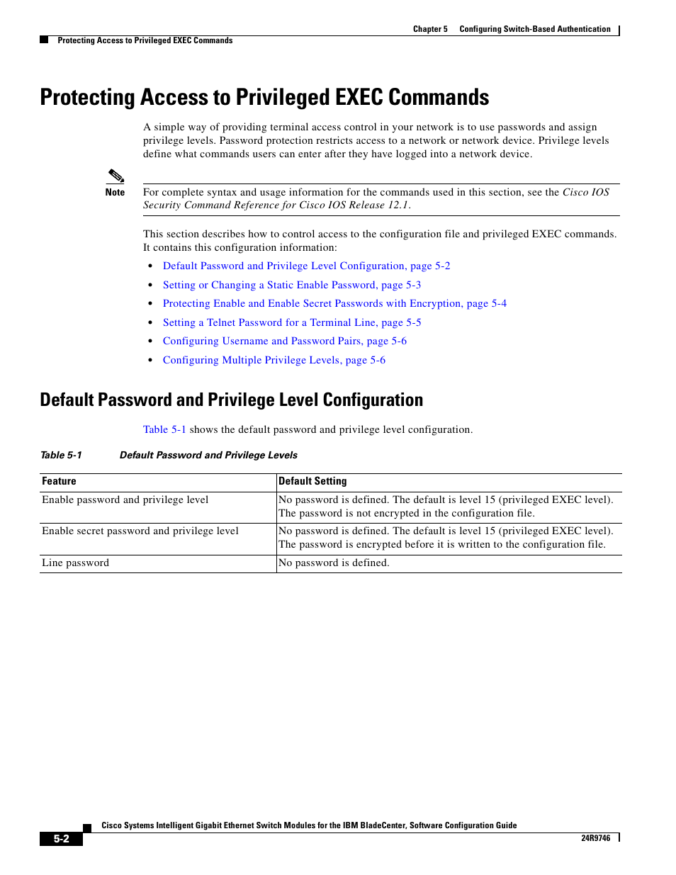 Protecting access to privileged exec commands, Default password and privilege level configuration | IBM 12.1(22)EA6 User Manual | Page 82 / 550