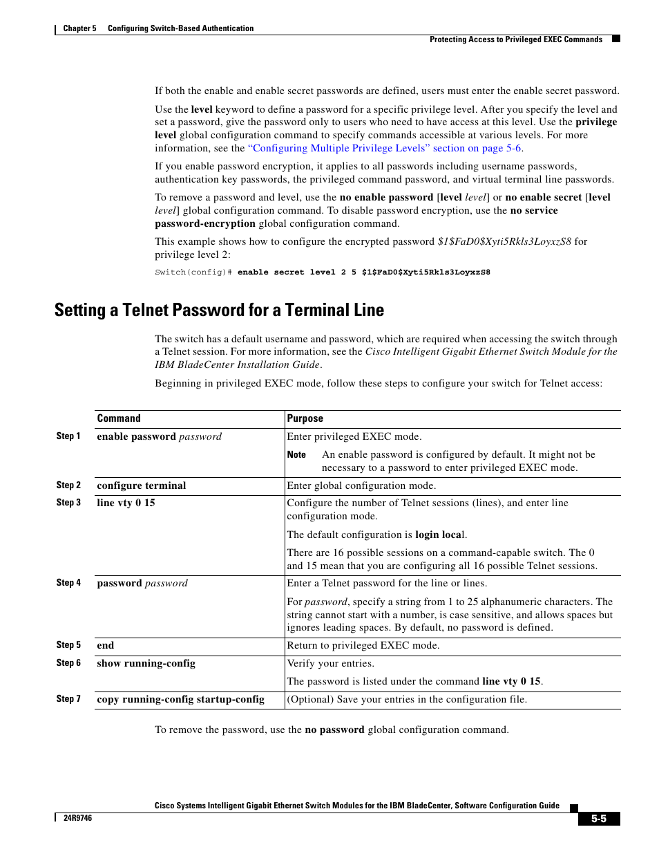 Setting a telnet password for a terminal line, Setting a telnet password | IBM 12.1(22)EA6 User Manual | Page 85 / 550