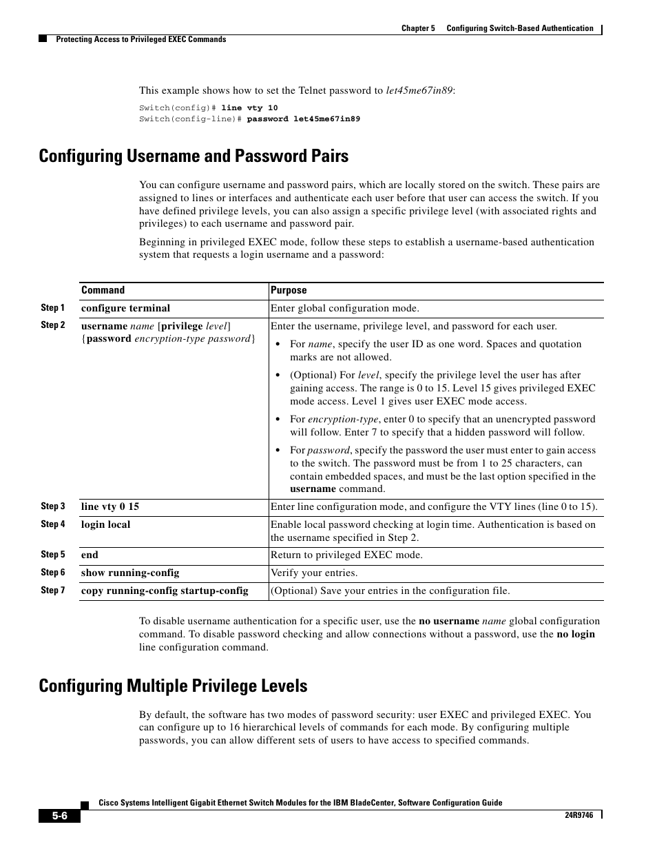 Configuring username and password pairs, Configuring multiple privilege levels | IBM 12.1(22)EA6 User Manual | Page 86 / 550