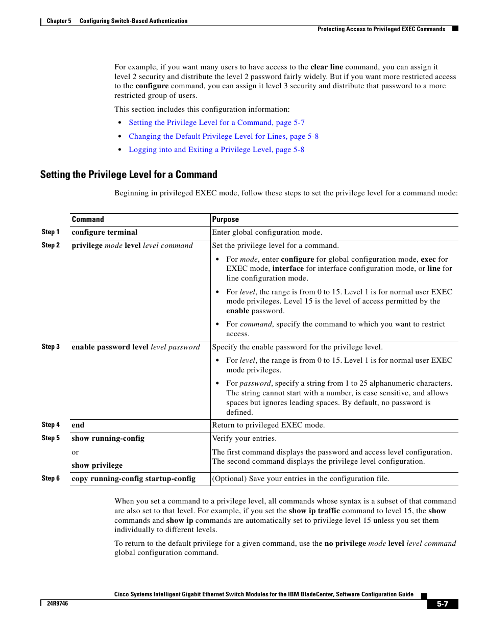 Setting the privilege level for a command | IBM 12.1(22)EA6 User Manual | Page 87 / 550