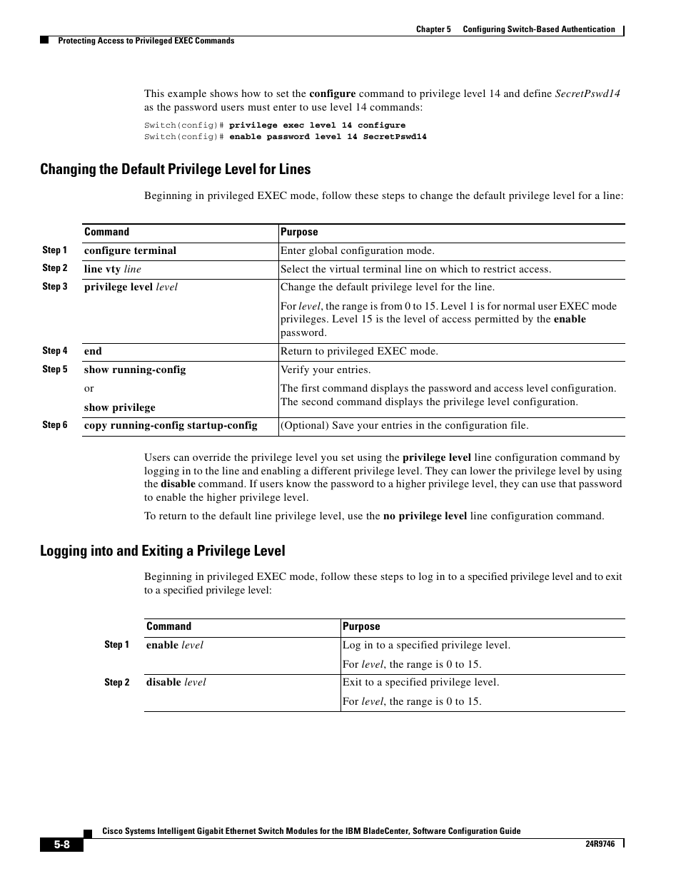 Changing the default privilege level for lines, Logging into and exiting a privilege level | IBM 12.1(22)EA6 User Manual | Page 88 / 550