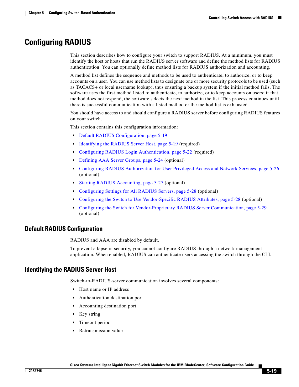 Configuring radius, Default radius configuration, Identifying the radius server host | IBM 12.1(22)EA6 User Manual | Page 99 / 550