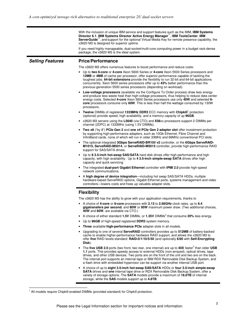 Selling features price/performance, Flexibility | IBM X3620 M3 User Manual | Page 2 / 19