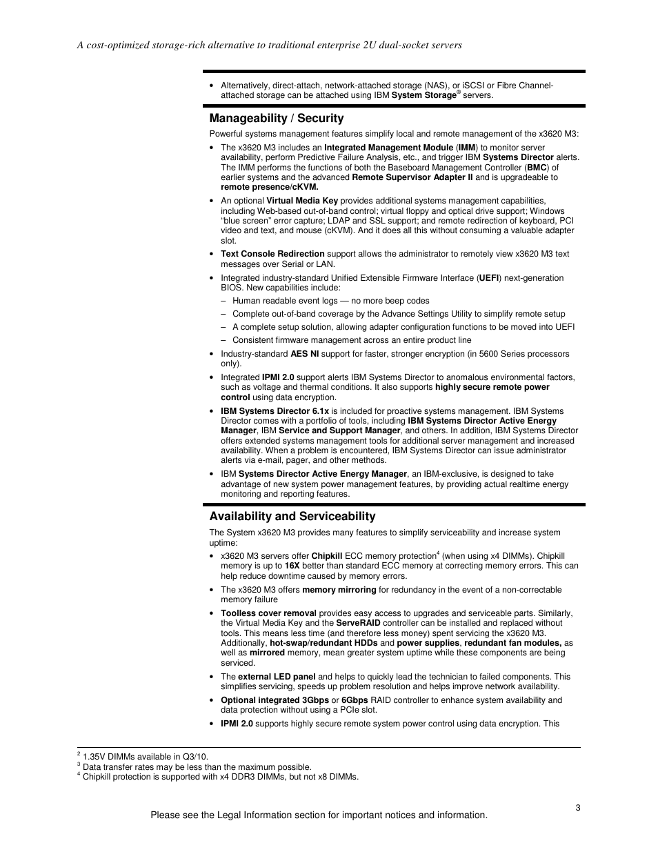 Manageability / security, Availability and serviceability | IBM X3620 M3 User Manual | Page 3 / 19