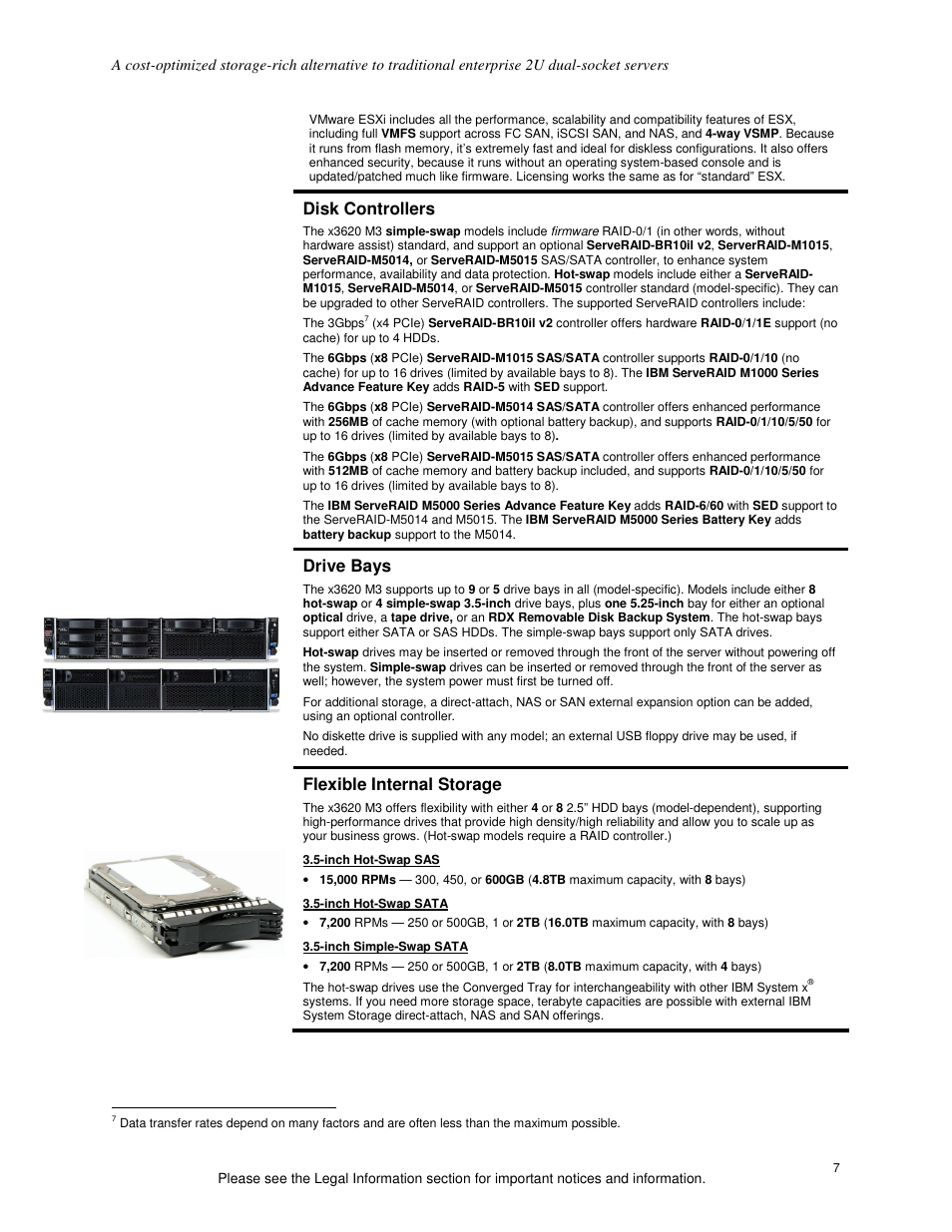 Disk controllers, Drive bays, Flexible internal storage | IBM X3620 M3 User Manual | Page 7 / 19