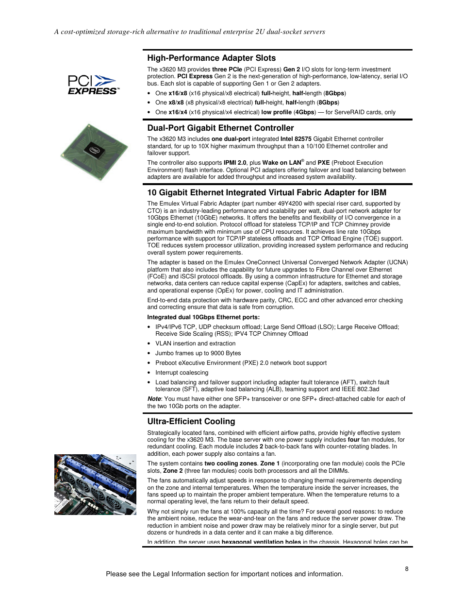 High-performance adapter slots, Dual-port gigabit ethernet controller, Ultra-efficient cooling | IBM X3620 M3 User Manual | Page 8 / 19
