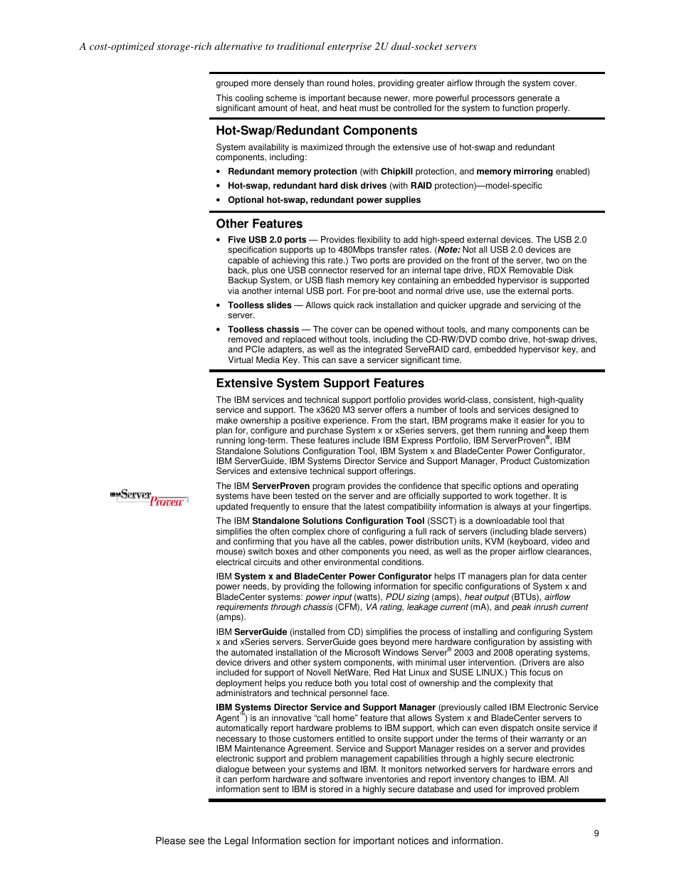 Hot-swap/redundant components, Other features, Extensive system support features | IBM X3620 M3 User Manual | Page 9 / 19