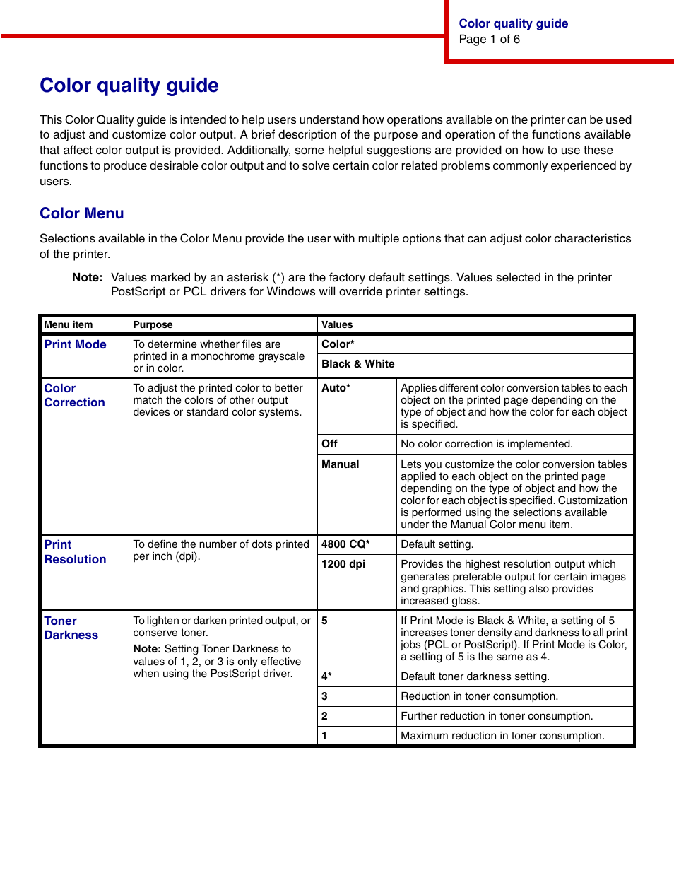 Color quality guide, Color menu | IBM INFOPRINT COLOR 1464 User Manual | Page 6 / 40