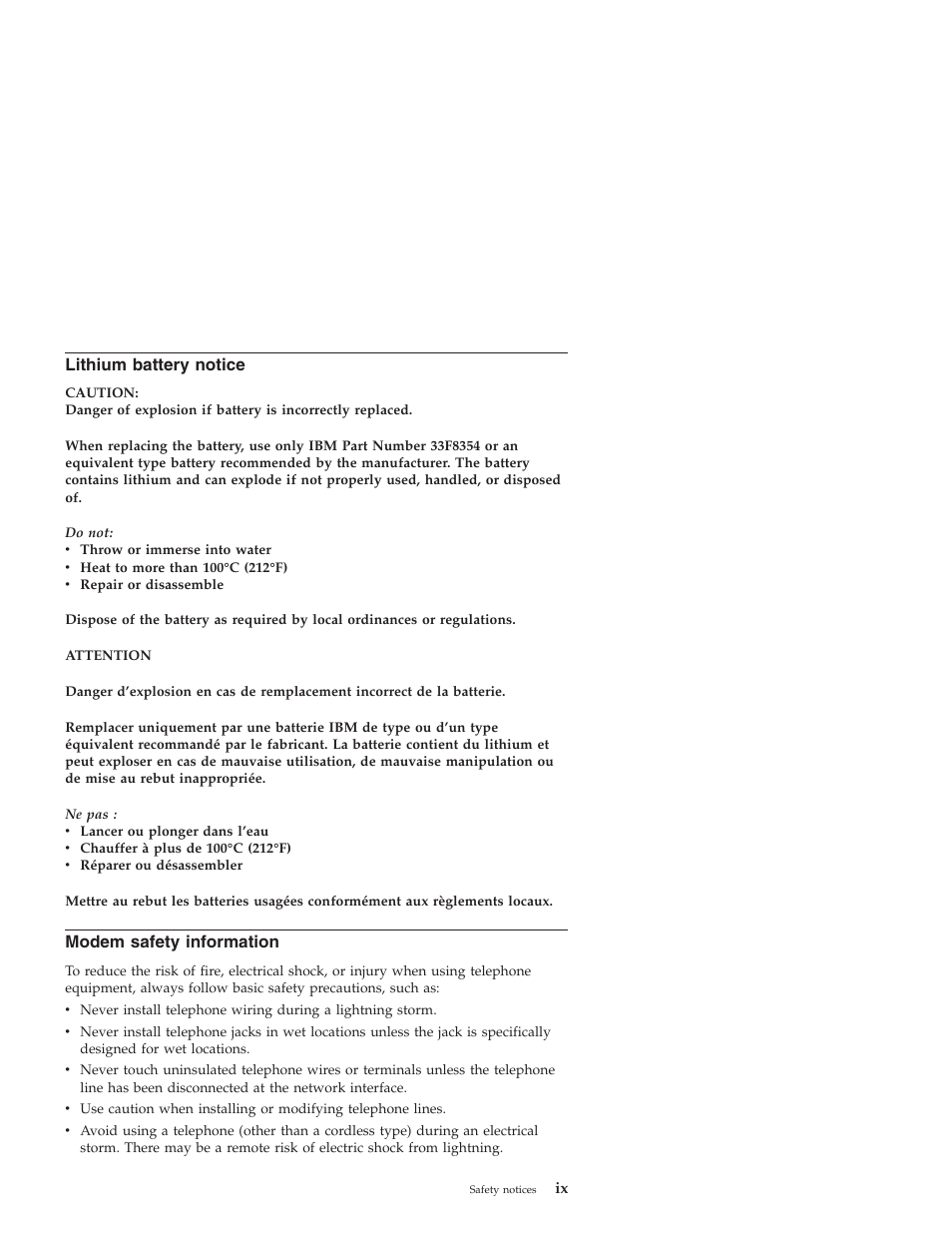 Lithium battery notice, Modem safety information | IBM NETVISTA X40 6643 User Manual | Page 11 / 120