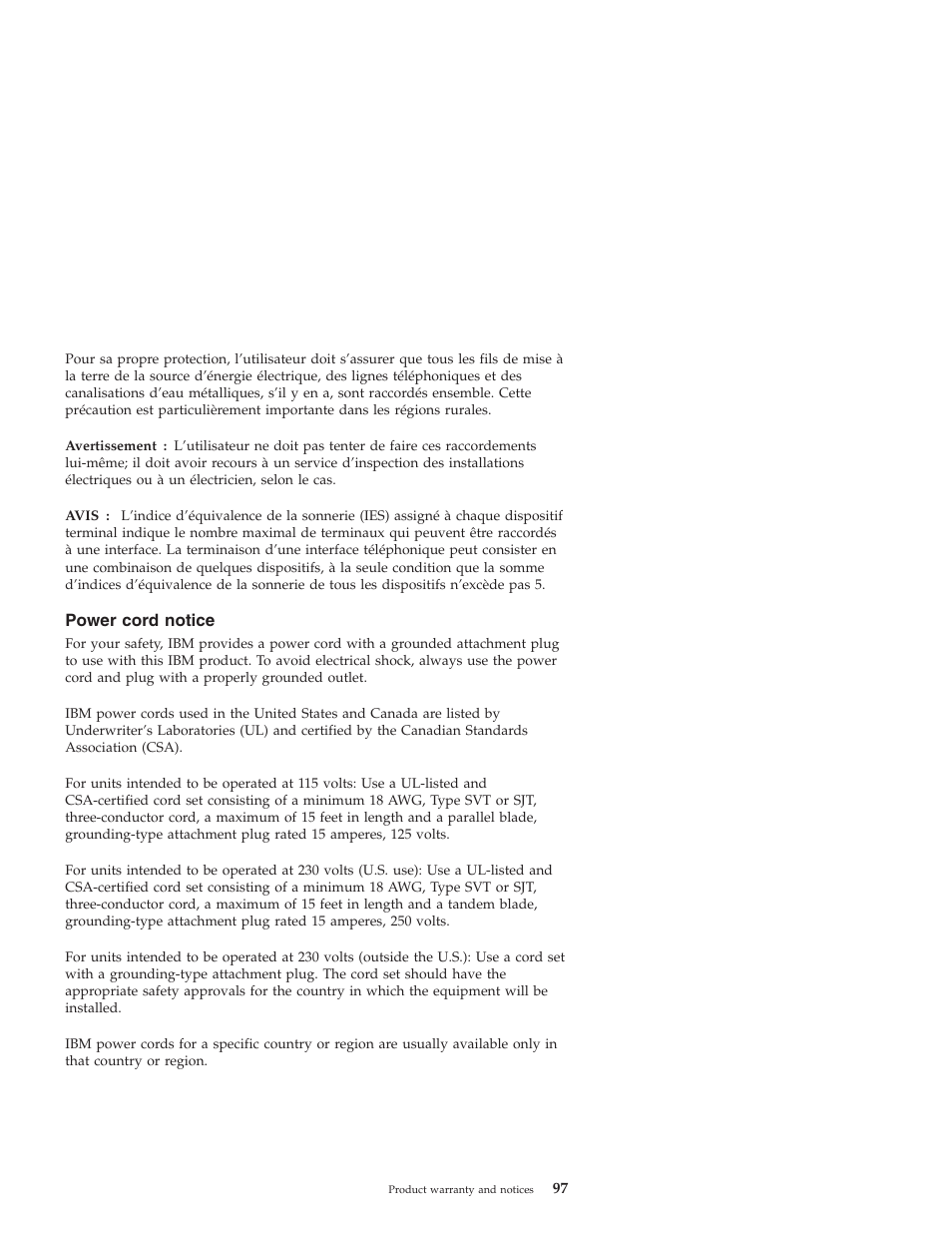 Power cord notice | IBM NETVISTA X40 6643 User Manual | Page 113 / 120
