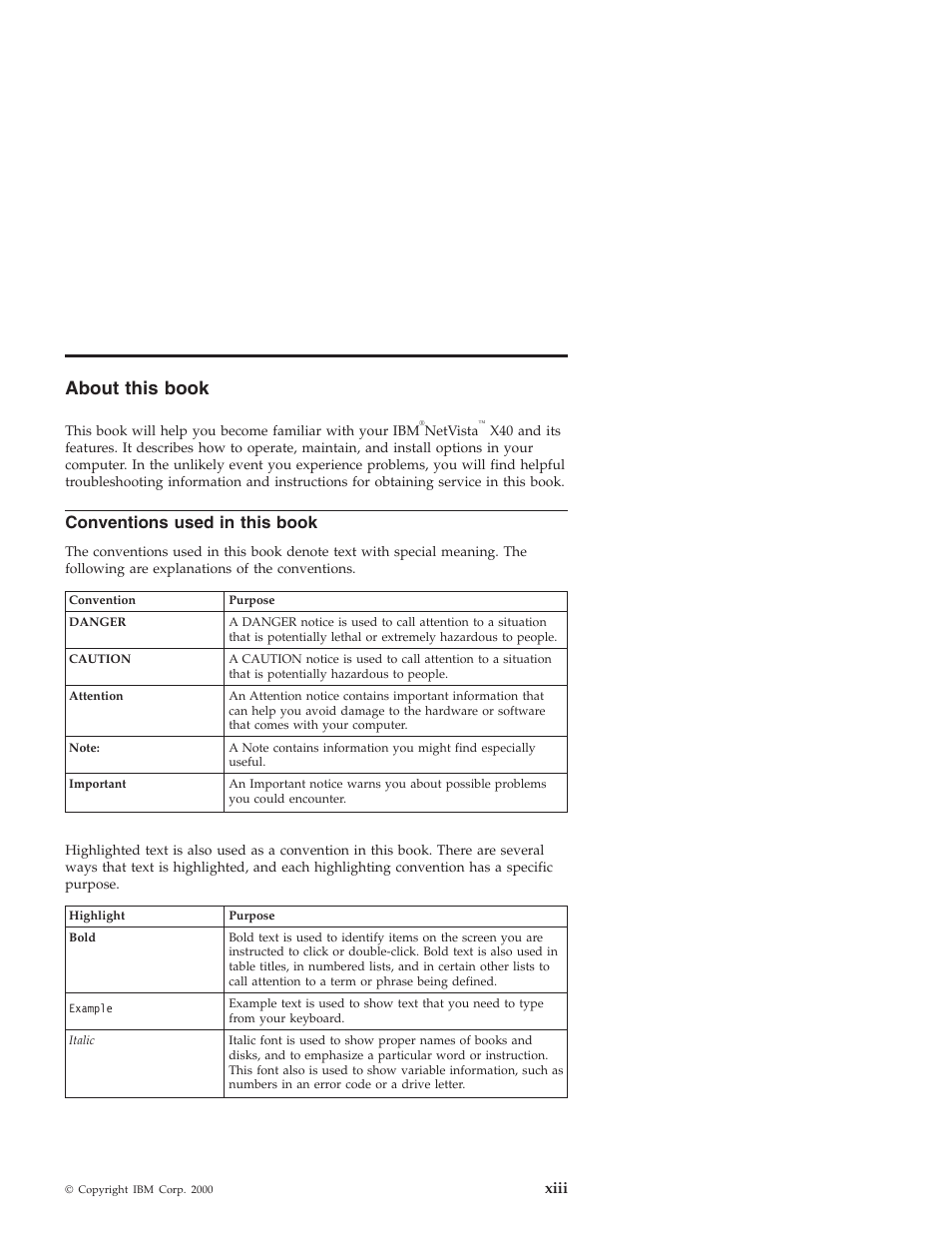 About this book, Conventions used in this book, Xiii | IBM NETVISTA X40 6643 User Manual | Page 15 / 120