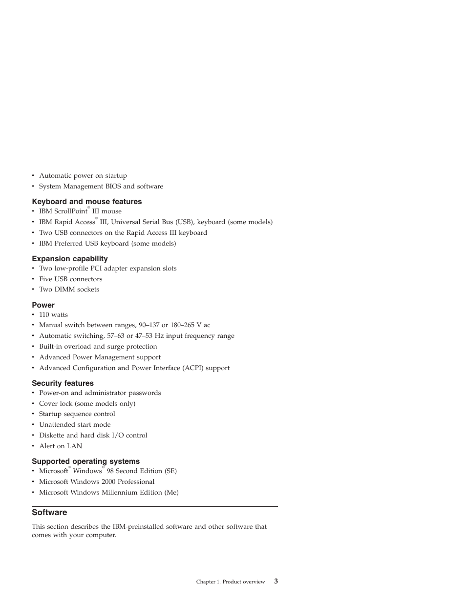Keyboard and mouse features, Expansion capability, Power | Security features, Supported operating systems, Software | IBM NETVISTA X40 6643 User Manual | Page 19 / 120