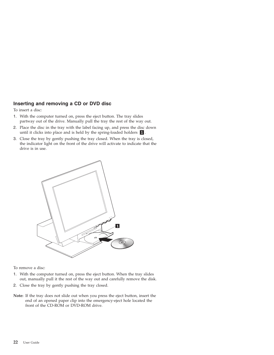 Inserting and removing a cd or dvd disc | IBM NETVISTA X40 6643 User Manual | Page 38 / 120