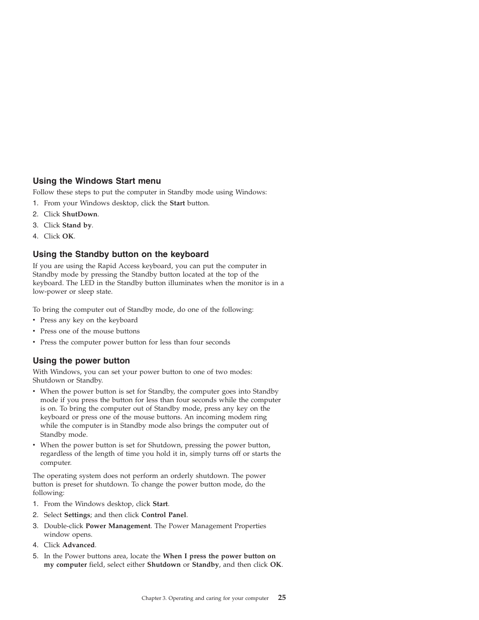 Using the windows start menu, Using the standby button on the keyboard, Using the power button | IBM NETVISTA X40 6643 User Manual | Page 41 / 120