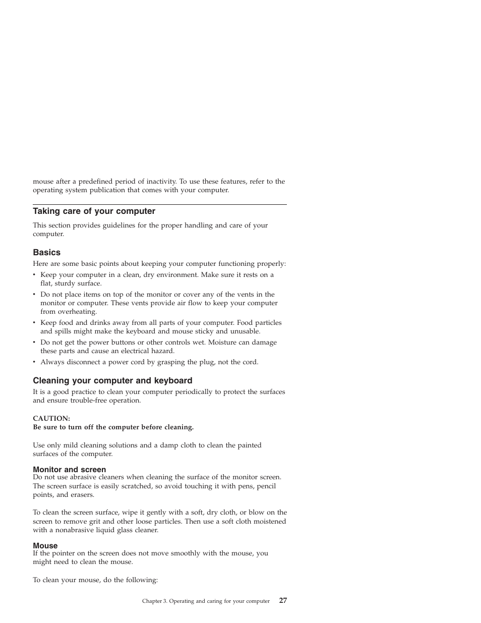 Taking care of your computer, Basics, Cleaning your computer and keyboard | Monitor and screen, Mouse | IBM NETVISTA X40 6643 User Manual | Page 43 / 120