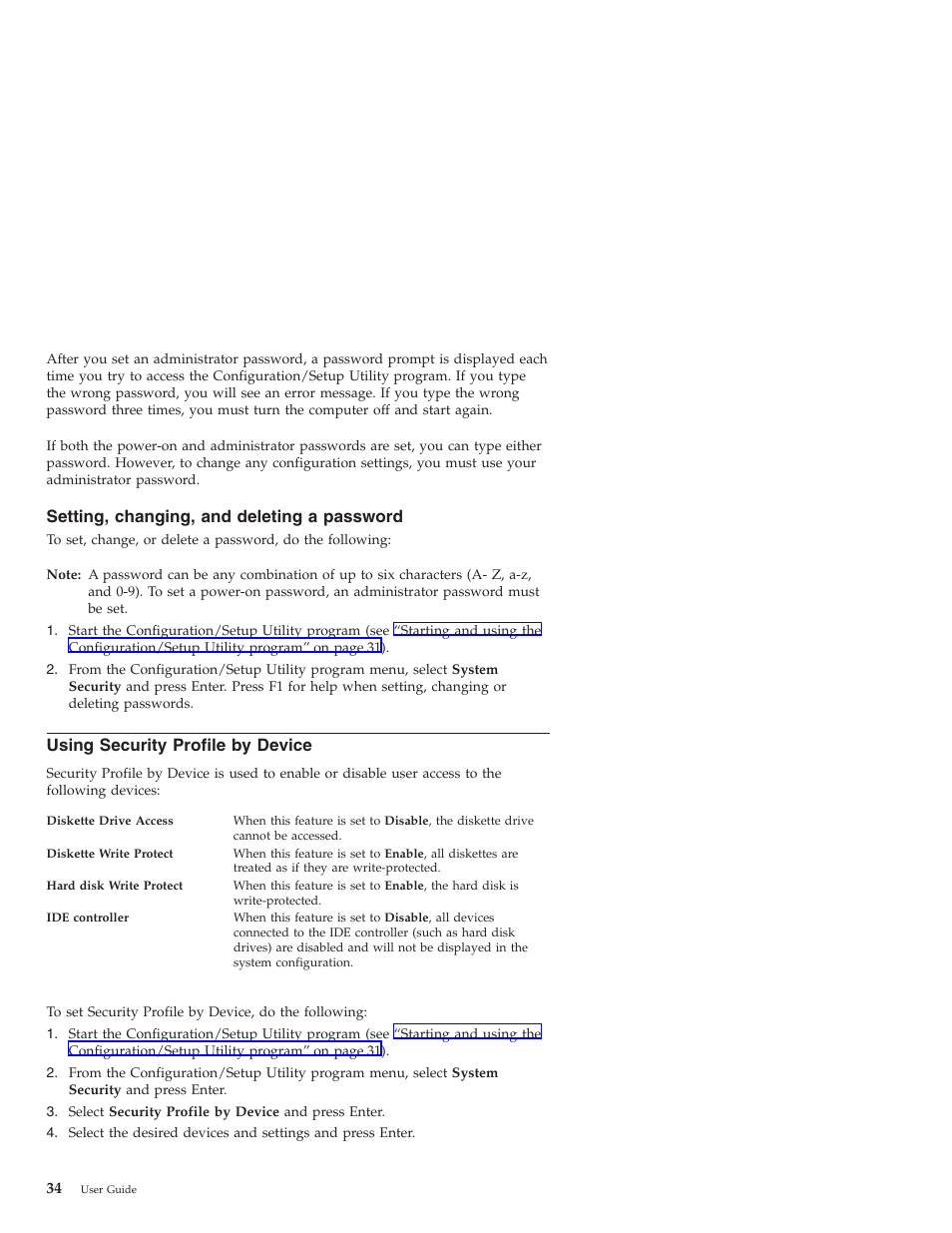 Setting, changing, and deleting a password, Using security profile by device | IBM NETVISTA X40 6643 User Manual | Page 50 / 120