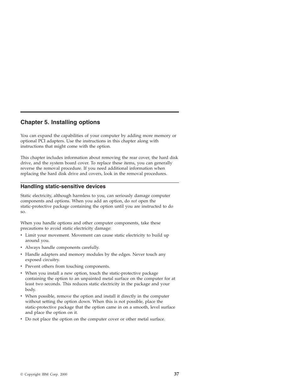 Chapter 5. installing options, Handling static-sensitive devices | IBM NETVISTA X40 6643 User Manual | Page 53 / 120