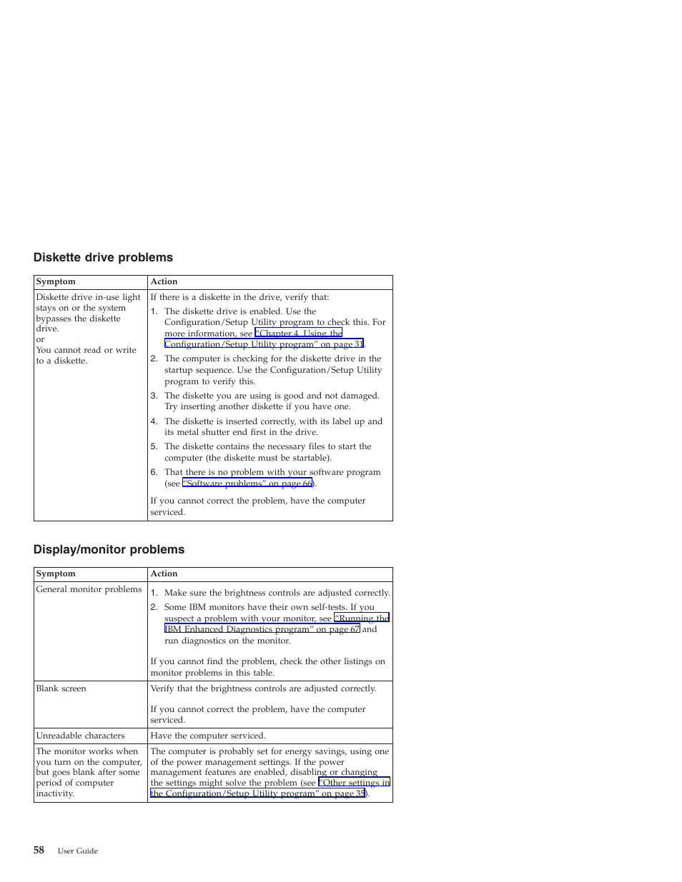 Diskette drive problems, Display/monitor problems | IBM NETVISTA X40 6643 User Manual | Page 74 / 120