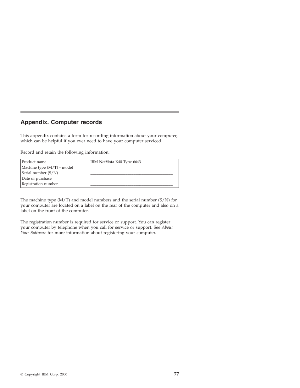 Appendix. computer records | IBM NETVISTA X40 6643 User Manual | Page 93 / 120