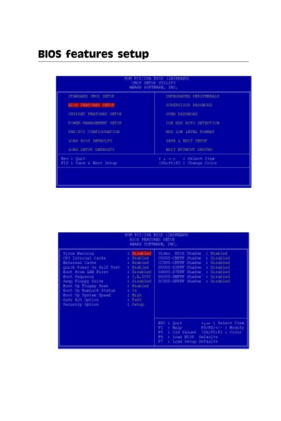 Bios features setup | IBM All-in-One Super7 Single Board Computer PCM-5896 User Manual | Page 68 / 128