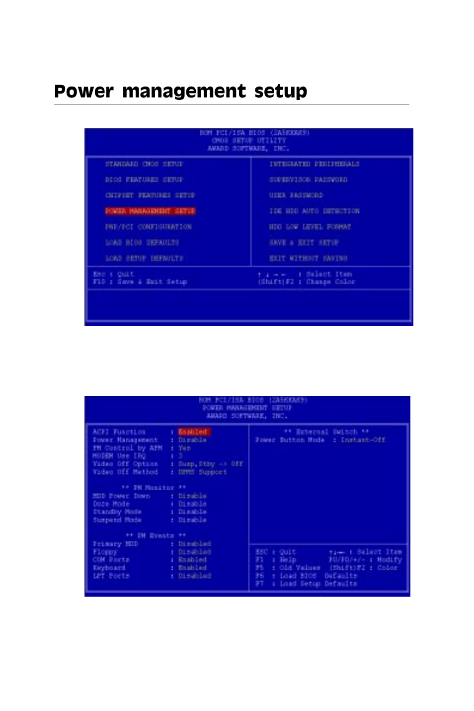 Power management setup | IBM All-in-One Super7 Single Board Computer PCM-5896 User Manual | Page 75 / 128