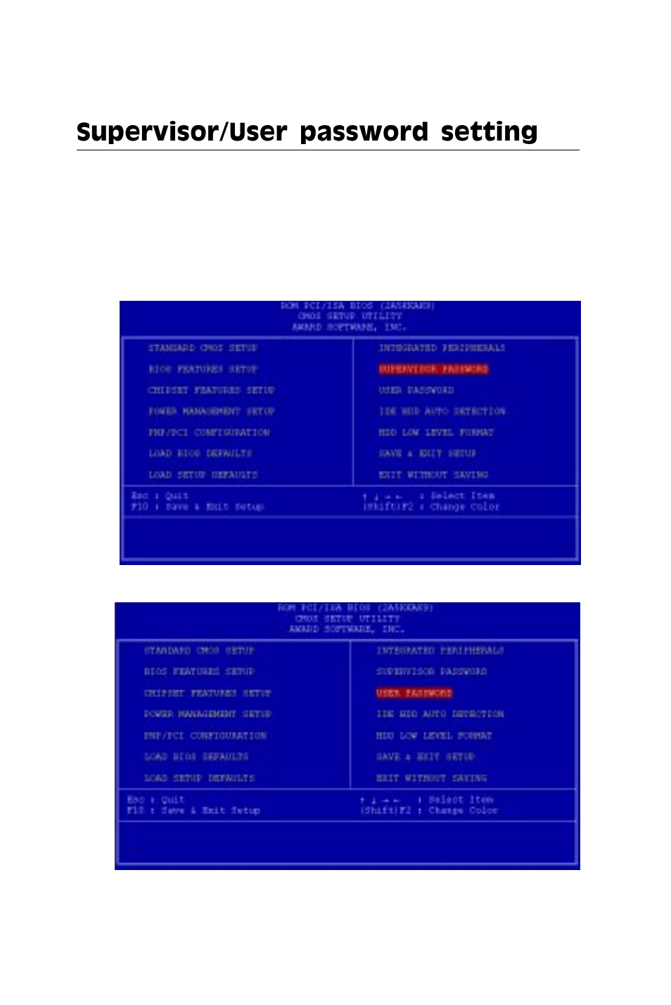 Supervisor/user password setting | IBM All-in-One Super7 Single Board Computer PCM-5896 User Manual | Page 87 / 128